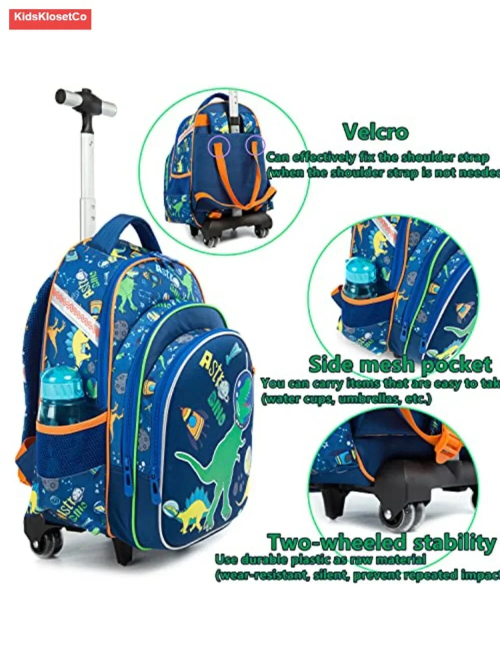 Kids Rolling Backpack with Wheels Dinosaur School Bag Lunch Box Trolley